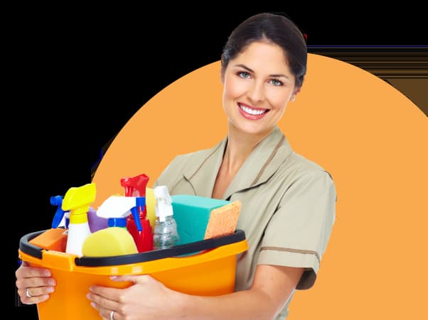 maid holding a bucket filled with necessary cleaning equipment